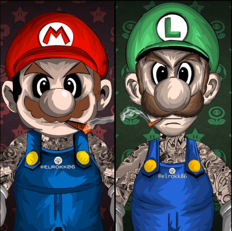 Designet af Ephrem Rokk. Med fuld ærmer, tatoveringer på brystet og halsen spiller Mario og Luigi ingen spil. Pas på dig selv, kong Koopa!