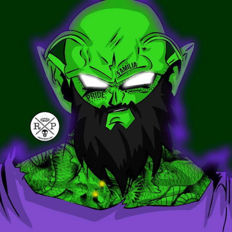 Design af Ephrem Rokk.Den grønne Namekian Dragon Ball Z røvspark er rockin & apos; et gnarly, scraggly skæg og en tatovering af den evige Shenron på hans bryst på dette design af Rokk.