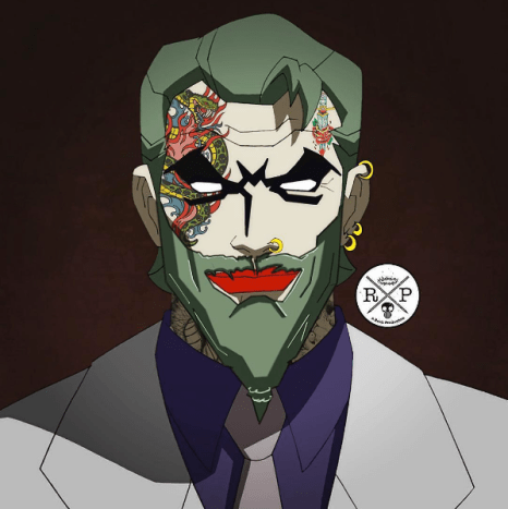 Designet af Ephrem Rokk. At give ansigtstatoveringerne Clown Prince of Crime og et grønt skæg tilføjer et lag uhyggeligt til Batmans hårdeste fjende.