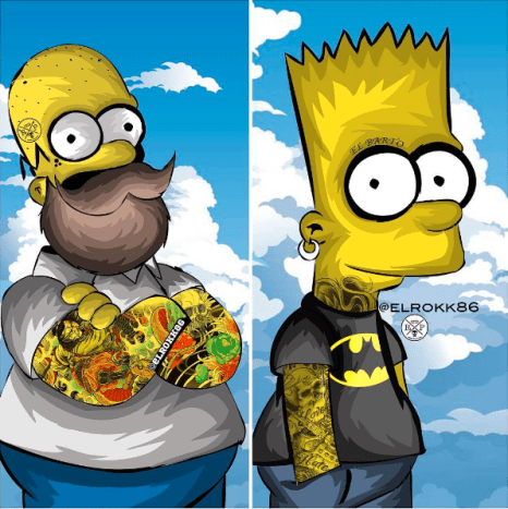 Design af Ephrem Rokk. Se Homer og Bart Simpson som om du aldrig har set dem før: tatoveret, skægget og gennemboret!