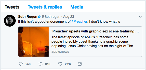 Prædikantens medproducent Seth Rogen tweetede simpelthen: