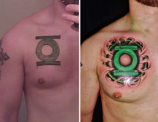 Jos tiedät kuka teki tämän tatuoinnin, kerro siitä meille. Kuva: Pinterest Tämä Green Lantern -logo sai todellisen voiman. Lisäämällä sarjakuvan hahmon oikean vihreän sävyn ja lisäämällä yksityiskohtia, jotka näyttävät siltä, ​​että lyhty lävistää ihon, muutettiin tämä tatuointi erittäin mahtavaksi kappaleeksi.