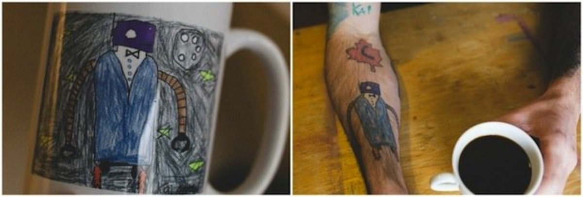 Andersonin pojan alkuperäinen piirustus ja sen inspiroima tatuointi. Kuva: Chance Faulkner