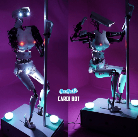 Cardi-Bot er konstrueret til en silikone-mannequin komplet med tændte brystvorter og et sikkerhedskamerahoved.