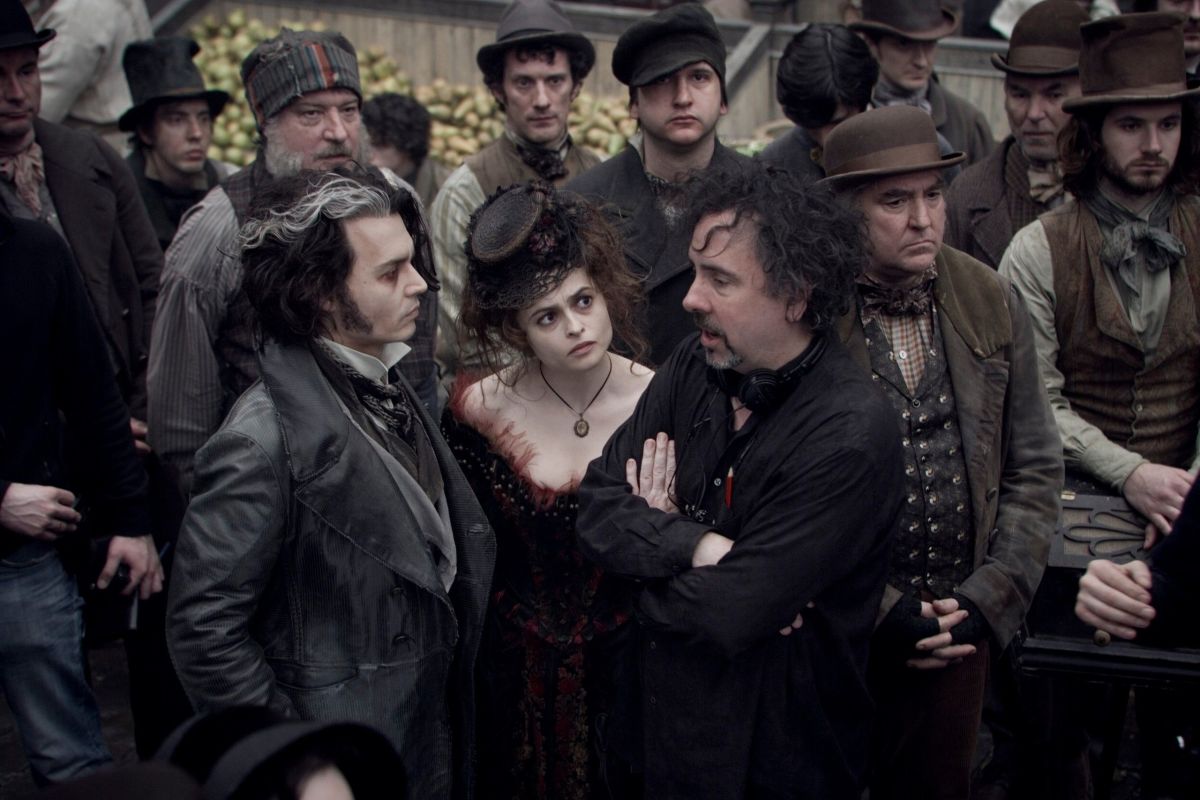 Johnny Depp, Tim Burton και Helena Bonham-Carter στο Set of Sweeney Todd
