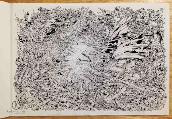 FIRE AND ICE (Ένα doodle σχετικά με τη σύγκρουση μεταξύ ενός φοίνικα στη φωτιά και ενός παγωμένου δράκου.) - 11 x 16 ίντσες - Uni Pin Fineliners - περίπου 14 ώρες doodling