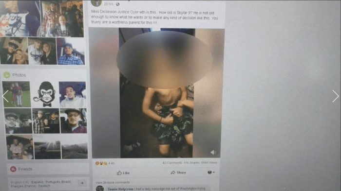 Η μητέρα, Nikki Dickinson, επέτρεψε στη 16χρονη να κάνει τατουάζ στον γιο της στο σαλόνι του και εκείνη δέχθηκε πυρά μετά την ανάρτηση της διαδικασίας στη σελίδα της στο Facebook.