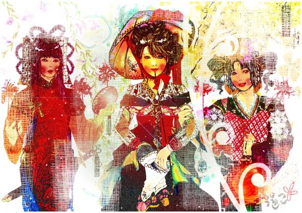 KINA-KOREA-JAPAN SangSangs fortolkning af tre damer fra tre forskellige lande. Oprettet ved hjælp af akvarel, tusch og redigeret via Photoshop. (Venstre-højre: Kina, Korea og Japan)