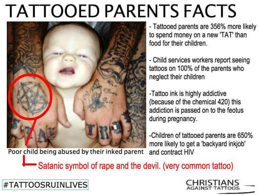 Loukkaavin asia, jonka voit sanoa tatuoidulle henkilölle, on, että he ovat sopimattomia vanhempia. Pelkkä ehdotus tästä saa tatuoidun ihmisen veren kiehumaan ja aivan oikein. Se on valitettavan tietämätön asia sanoa. Joten vaikka muu meemi on satiirinen, se pelaa hyvin todellisella (ja loukkaavalla) stereotypialla.