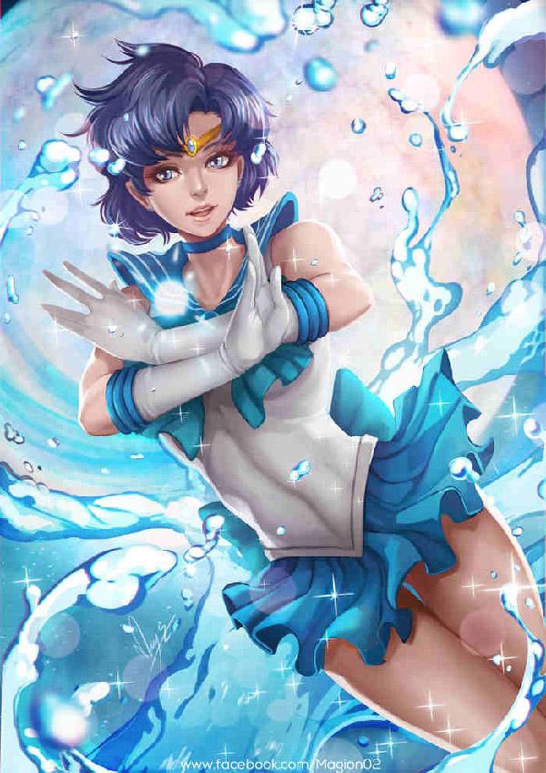 Sailor Mercury art by magion02. Ένας από τους Sailor Guardians, ο Sailor Mercury ελέγχει το στοιχείο του νερού και είναι ο εγκέφαλος της ομάδας τις περισσότερες φορές.