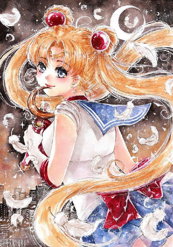 En ret sød og skamfuld Sailor Moon i denne iøjnefaldende kunst tegnet af cherriuki. Det fanger den barnslige ånd af Sailor Moon såvel som hendes feminine side.