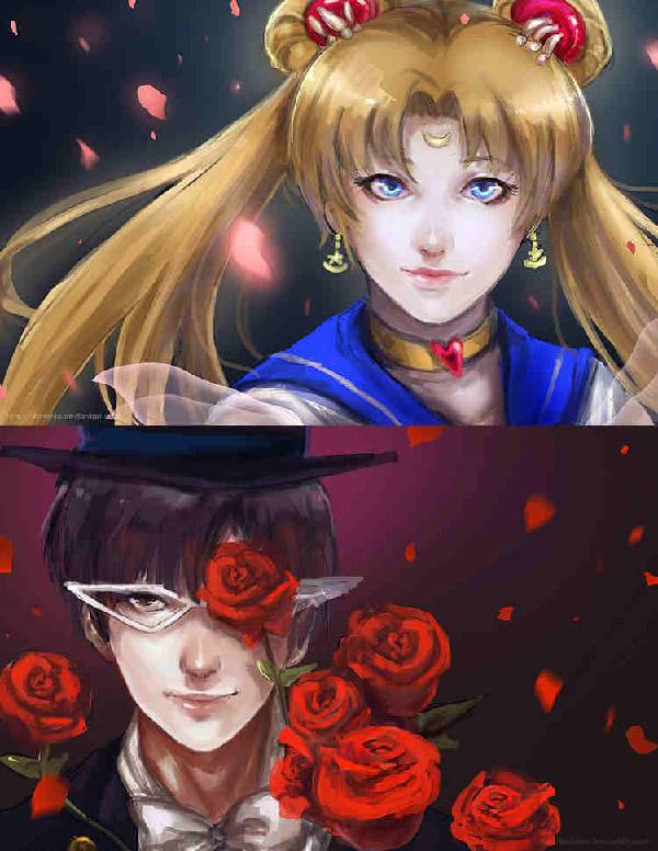 Ser ud som stjernekrydsede elskere, kunstneren af ​​darkshia gjorde et meget godt stykke arbejde med at forbinde rosenblade fra Tuxedo Mask til Sailor Moon. På den anden repræsenterer rosenbladenes forskellige farver hver enkelt personlighed.