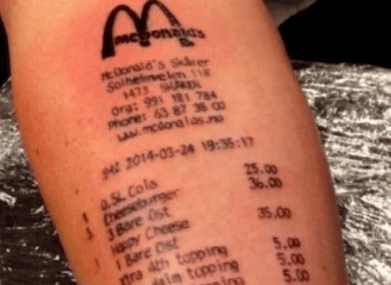 dårlig tatovering mcdonalds kvittering