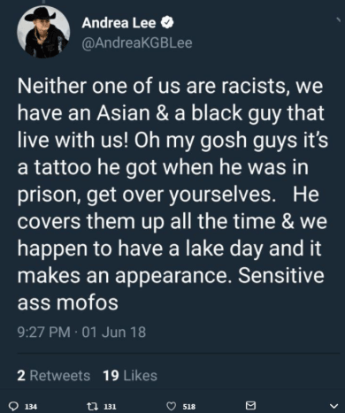 Lee bekæmpede offentligt hadet på Twitter og påstod, at han fik tatoveringen, mens han var i fængsel og dækker over det hele tiden.