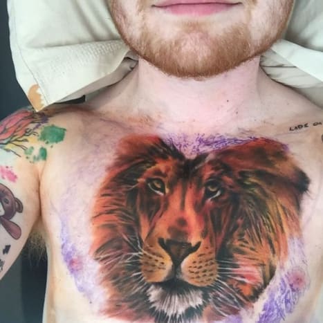 (Φωτογραφία: Ed Sheeran/Instagram) Παρά τις ανάμεικτες αντιδράσεις που έχουν λάβει τα τατουάζ του από τους θαυμαστές του, ο Sheeran είναι προφανώς υπερήφανος για την εκτεταμένη συλλογή μελανιού του και μοιράστηκε τη σημασία πίσω από μερικά από τα τατουάζ του κατά τη συνέντευξή του στο The Sun. Αυτό το τεράστιο λιοντάρι στο στήθος του αναρωτηθήκατε όλοι; Είναι ένας φόρος τιμής στις τρεις ξεπουλημένες συναυλίες του στο στάδιο Γουέμπλεϊ του Λονδίνου τον Ιούλιο του 2015. «Η κορυφή της Αγγλίας είναι τρία λιοντάρια, αλλά πήρα ένα», αποκάλυψε ο Sheeran. Και η γαελική γραφή μελάνι κάτω από το αρκουδάκι στο μπράτσο του; Στίχοι από το τραγούδι του φίλου του Φόι Βανς 